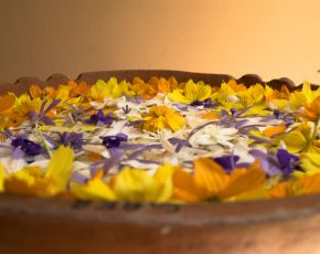 Blumenarrangement beim Eingang des Ayurveda Centers